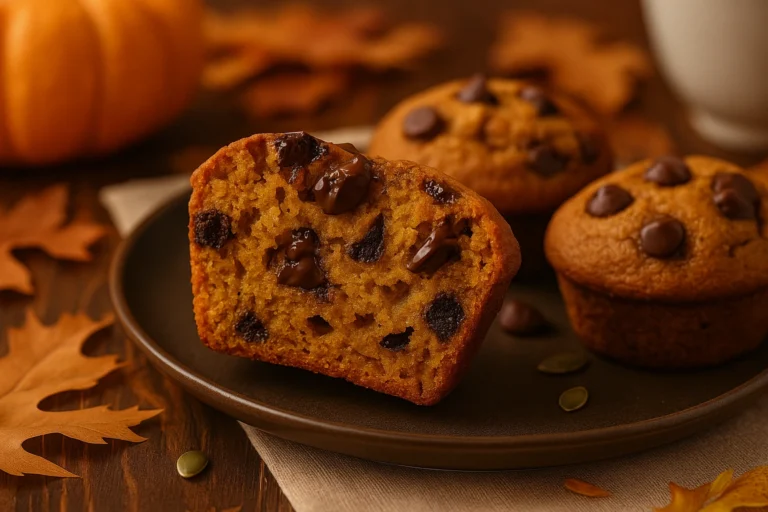 Muffin od bundeve i tamne čokolade u krupnom planu, prerezan na pola s vidljivom sočnom teksturom i otopljenim komadićima čokolade, u toplom jesenskom ambijentu s bundevama i suhim lišćem.