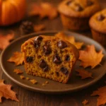 Prepolovljeni muffin od bundeve s komadićima tamne čokolade poslužen na tanjuru u toplom jesenskom ambijentu, s vidljivom sočnom teksturom i otopljenom čokoladom.