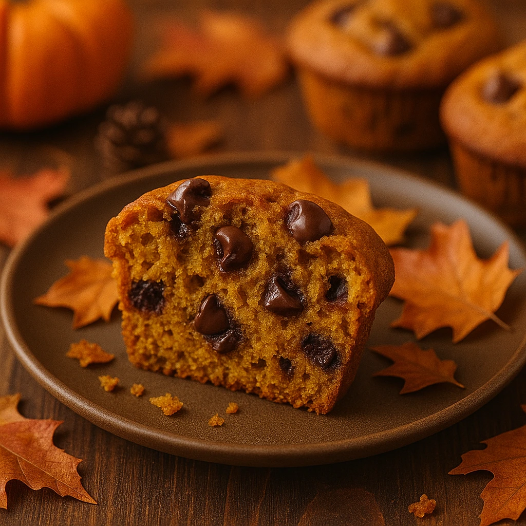 Prepolovljeni muffin od bundeve s komadićima tamne čokolade poslužen na tanjuru u toplom jesenskom ambijentu, s vidljivom sočnom teksturom i otopljenom čokoladom.