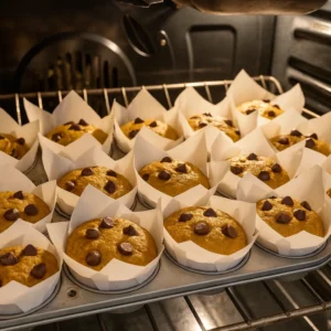 Pečenje muffina od bundeve i tamne čokolade u pećnici, u bijelim papirima za pečenje, dok se površina zlatno rumeni i čokolada lagano topi.
