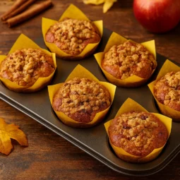 Muffini s jabukama i cimetom s crumble posipom posluženi u jesenskom ambijentu na rustikalnom stolu