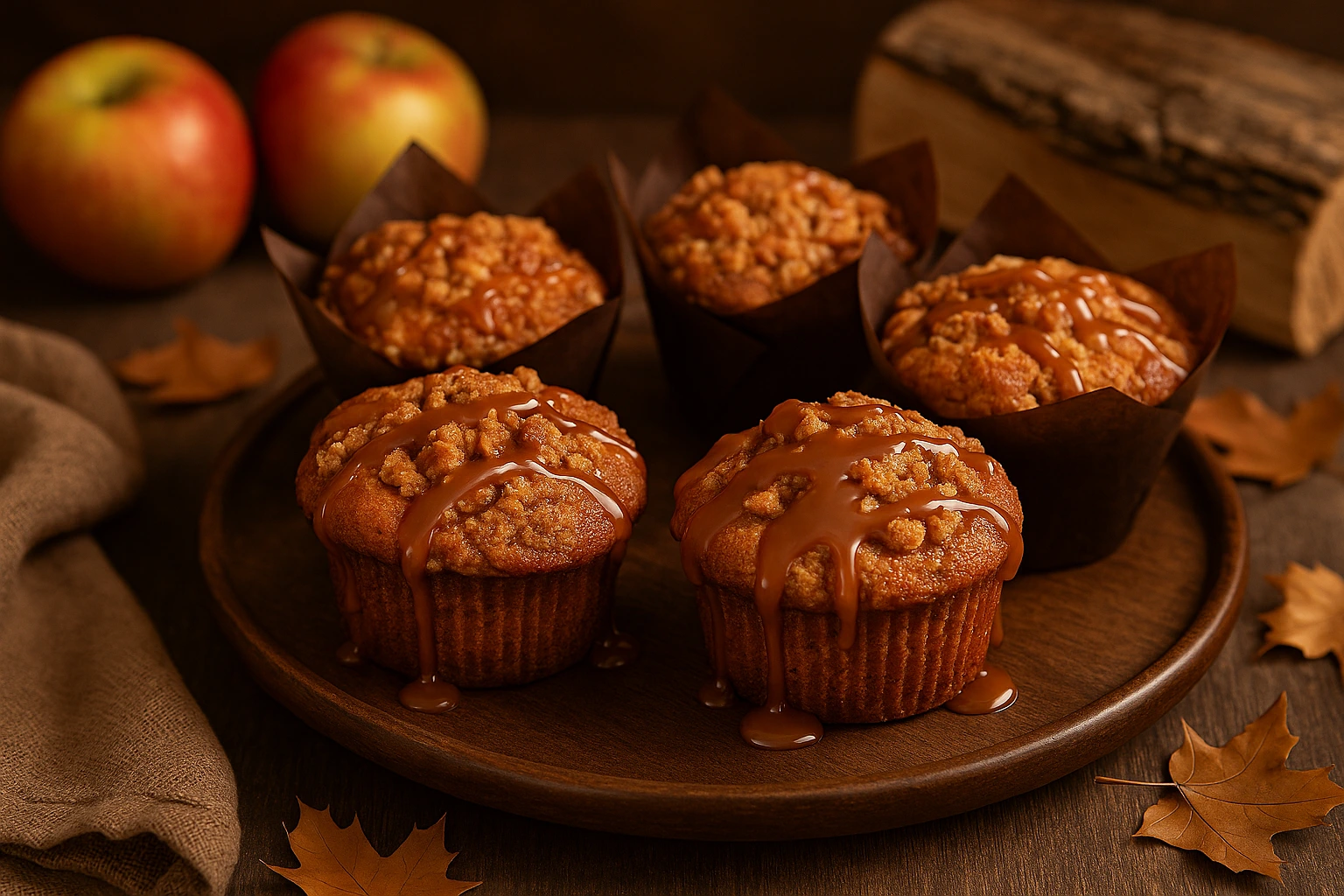 Muffini s jabukama i cimetom s hrskavim crumble posipom i karamel preljevom u jesenskom ambijentu