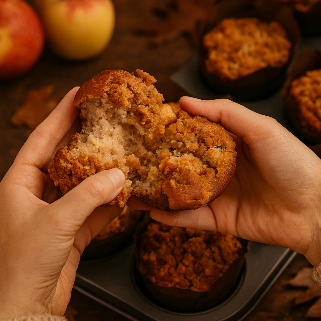Muffini s jabukama i cimetom s hrskavim crumble posipom – prikaz sočne unutrašnjosti nakon pečenja