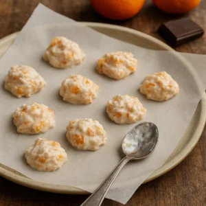 Pladanj obložen papirom za pečenje s malim hrpicama smjese od mandarina i jogurta oblikovanima žličicom, uz metalnu žlicu i svježe mandarine u pozadini.