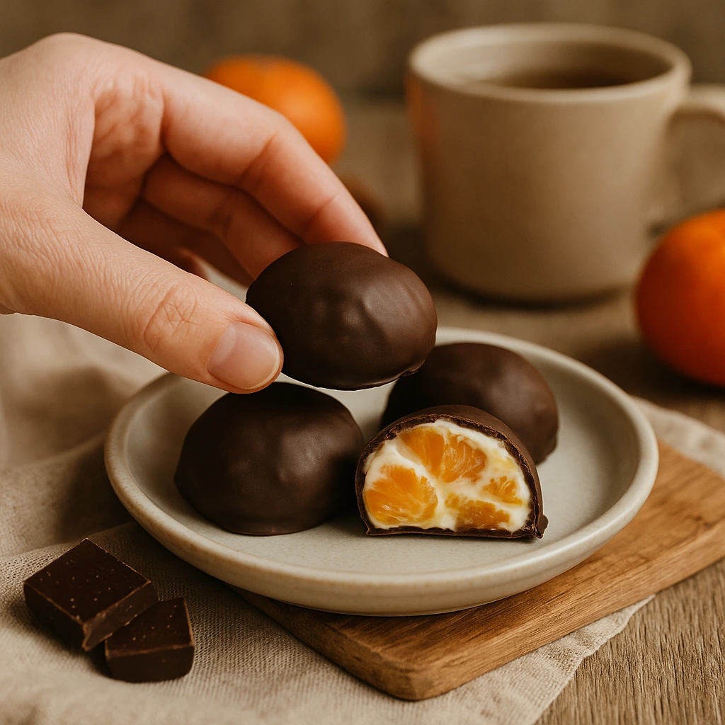 Ženska ruka drži čokoladni zalogaj od mandarina i jogurta prekriven tamnom čokoladom, uz tanjurić s nekoliko zalogaja, šalicu kave i svježe mandarine na rustikalnom stolu, u toplom prirodnom svjetlu.