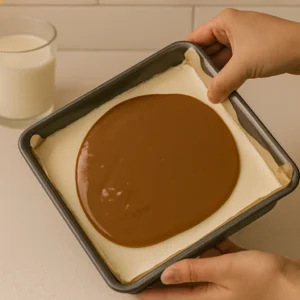 Karamel preljev izliven na sloj svijetle kreme u crnom kalupu obloženom bijelim papirom za pečenje