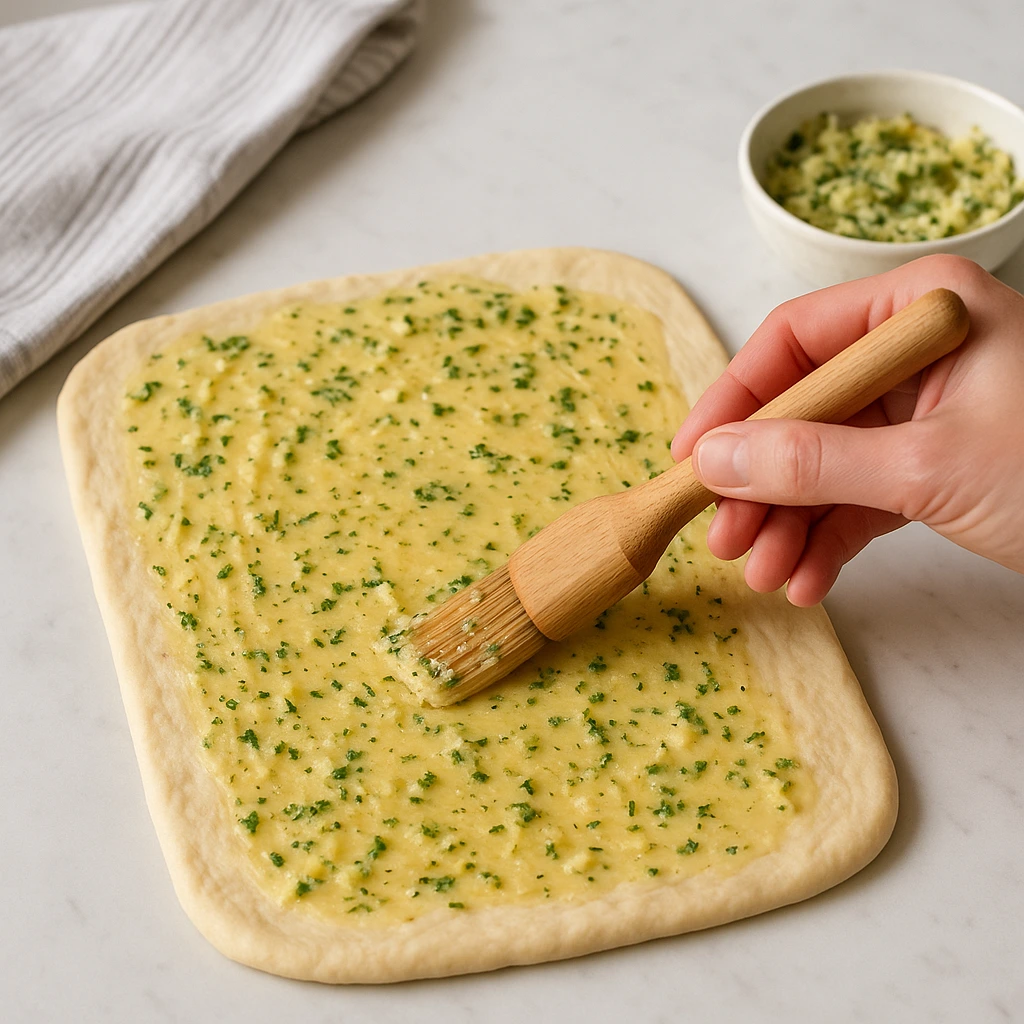 Ruka kuhinjskom četkicom ravnomjerno nanosi nadjev od maslaca, češnjaka i začina po razvaljanom tijestu na svijetloj podlozi.