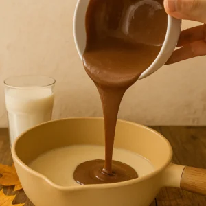 Otopljena čokolada ulijeva se u kremastu smjesu za brownie kolač u keramičkoj posudi, korak pripreme recepta