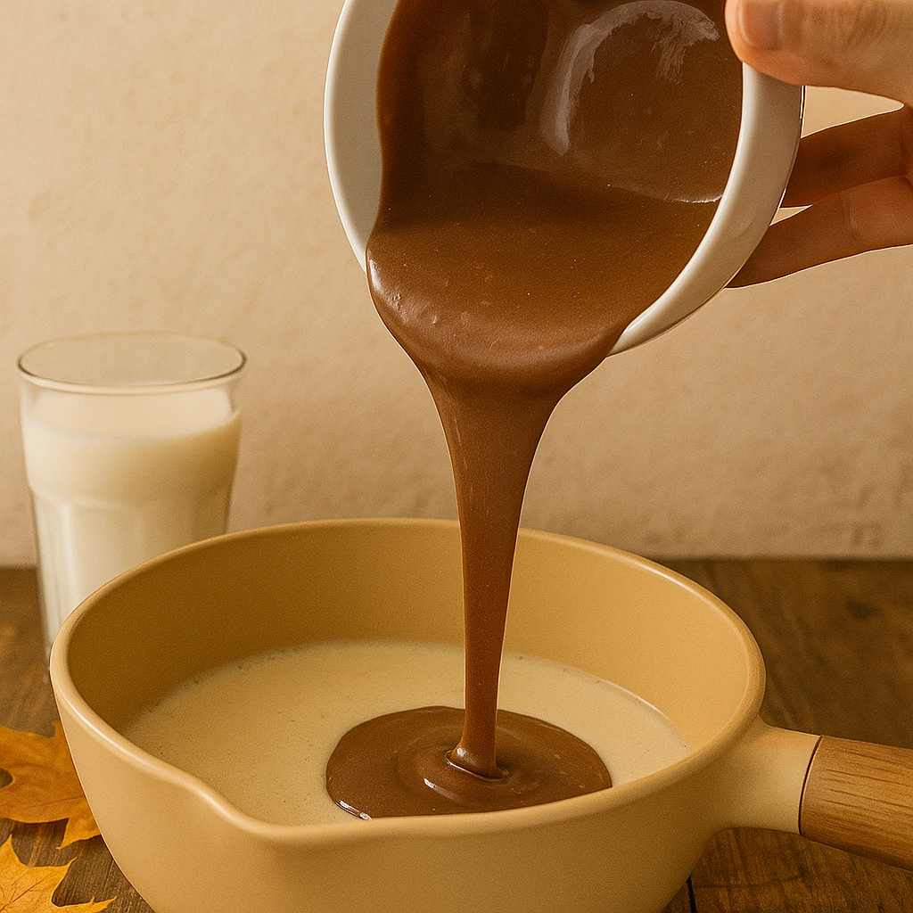 Otopljena čokolada ulijeva se u kremastu smjesu za brownie kolač u keramičkoj posudi, korak pripreme recepta