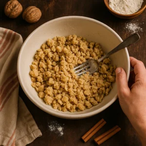 Mrvičasta smjesa za crumble posip u zdjeli, pripremljena od brašna, šećera i maslaca