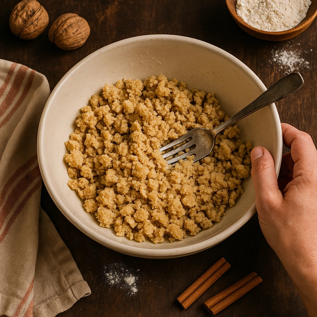 Mrvičasta smjesa za crumble posip u zdjeli, pripremljena od brašna, šećera i maslaca