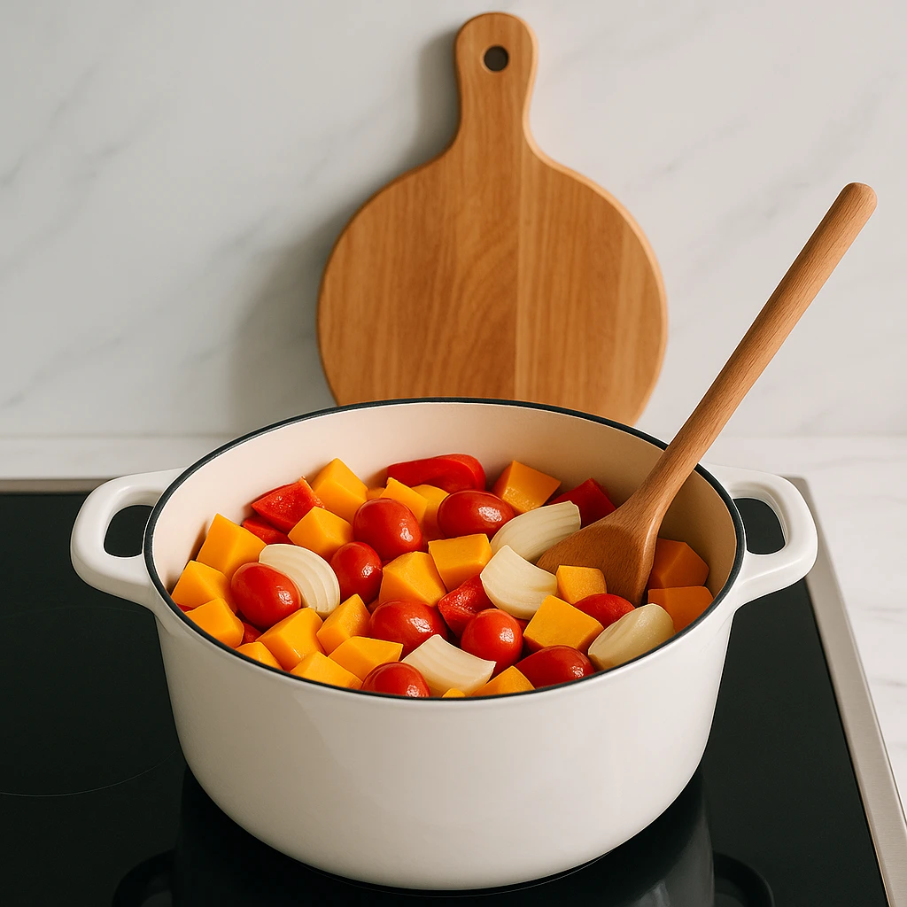 Dublji bijeli lonac na ploči sa šarenim povrćem – narezana bundeva, luk, cherry rajčice i crvena paprika spremni za kuhanje, s drvenom kuhačom naslonjenom na rub.