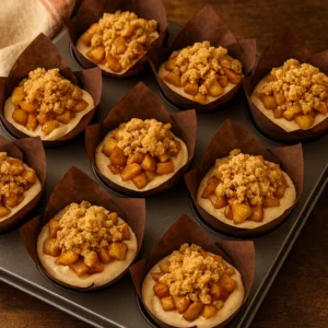 Punjenje kalupa za muffine s tijestom, karameliziranim jabukama i crumble posipom prije pečenja