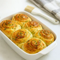 Mekane domaće rolice s češnjakom i sirom u bijeloj posudi, premazane maslacem i posute peršinom, svježe ispečene u svijetloj kuhinji.