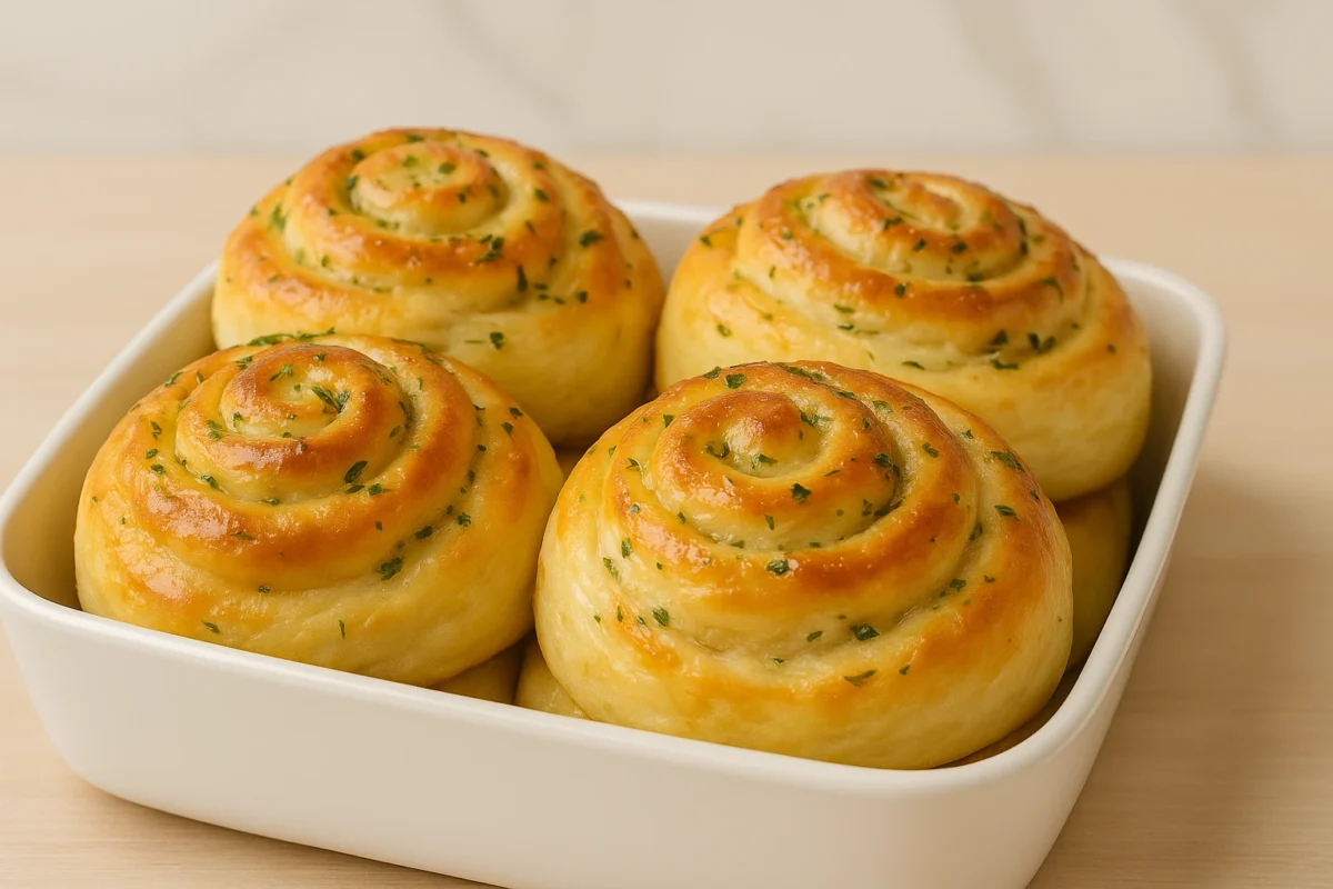 Zlatno pečene rolice s češnjakom i sirom poslužene na svijetloj drvenoj podlozi, s vidljivim slojevima i mekanom unutrašnjošću, premazane maslacem i posute svježim peršinom.