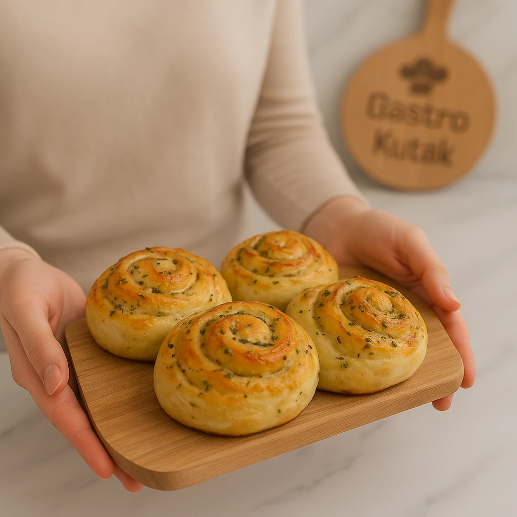 Svježe pečene rolice s češnjakom i sirom poslužene na drvenoj dasci, koje žena drži u rukama ispred sebe. U pozadini se vidi daska s natpisom Gastro Kutak, stvarajući topao domaći ambijent i realističan prikaz recepta.