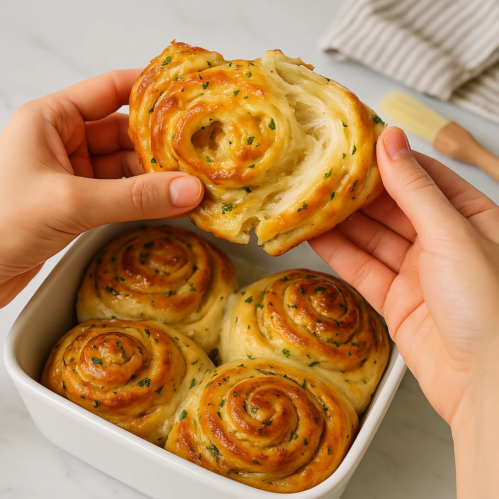 Ruke razdvajaju svježe pečenu rolicu s češnjakom i sirom, prikazujući mekanu unutrašnjost i otopljeni sir, u bijeloj vatrostalnoj posudi na svijetloj kuhinjskoj podlozi.
