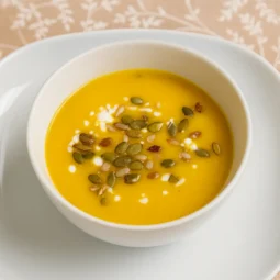 Bijela zdjelica s krem juhom od bundeve posuta sjemenkama bundeve i kapljicama vrhnja, servirana na bijelom tanjuru na bež podlozi s nježnim uzorkom.