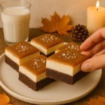 Slani karamel brownie kolač s mascarpone kremom poslužen na tanjuru uz čašu mlijeka i jesenske detalje