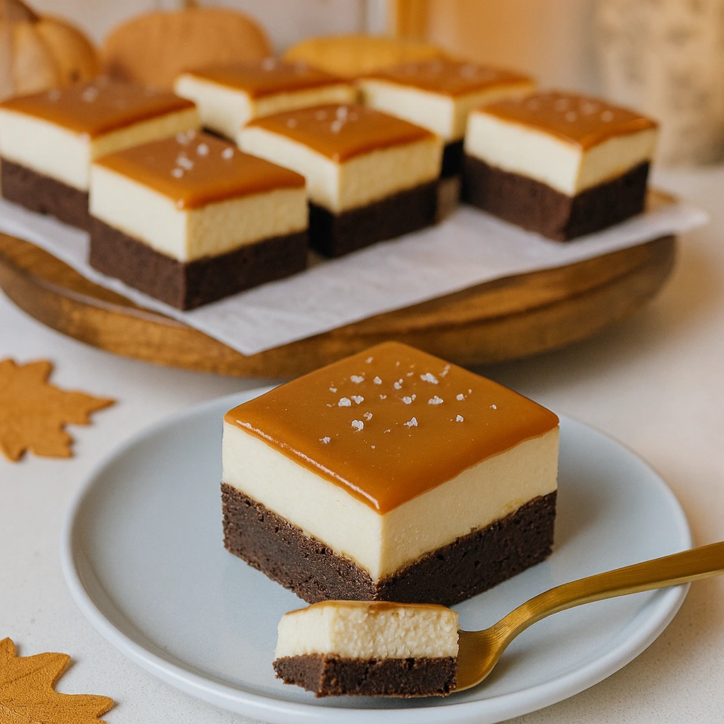 Slani karamel brownie kolač s mascarpone kremom poslužen na tanjuru, s dodatnim kockama kolača u pozadini u jesenskom ambijentu