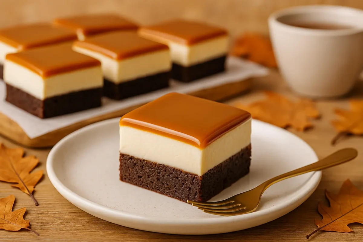 Slani karamel brownie kolač u krupnom planu s tri sloja – brownie podloga, mascarpone krema i karamel preljev – poslužen na svijetlom tanjuru uz jesenski ambijent