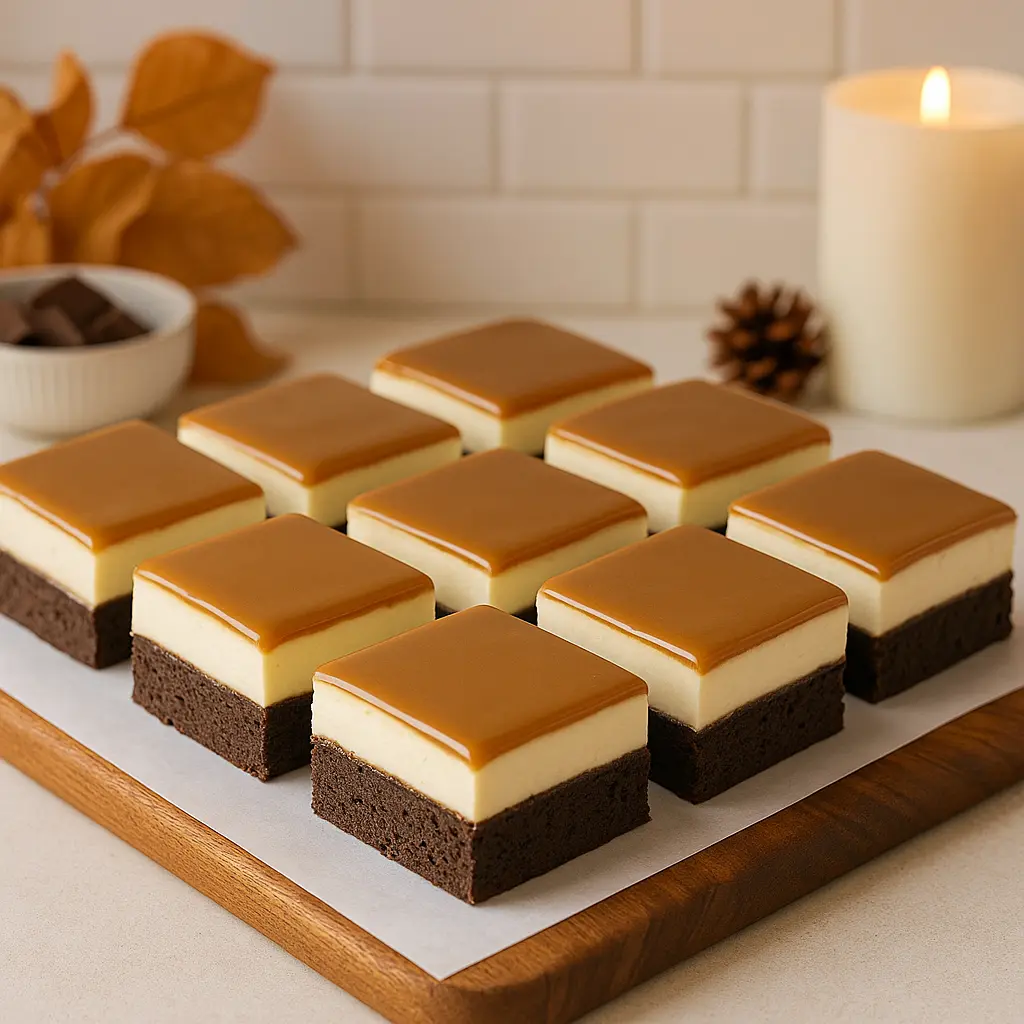 Slani karamel brownie kolač narezan na kocke i poslužen na drvenoj dasci s bijelim papirom, u svijetlom jesenskom ambijentu balkanske kuhinje