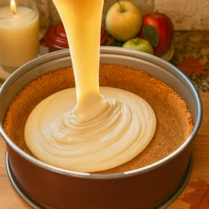 Ulijevanje kremaste smjese za cheesecake na podlogu od keksa u kalupu tijekom pripreme