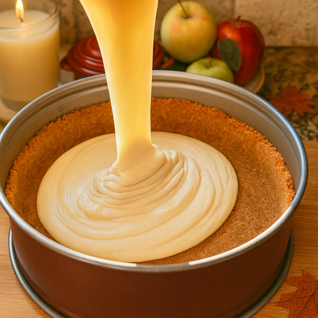 Ulijevanje kremaste smjese za cheesecake na podlogu od keksa u kalupu tijekom pripreme