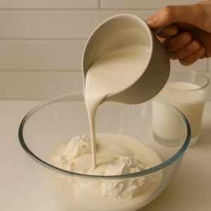Slatko vrhnje ulijeva se iz sive posude u zdjelu s mascarpone sirom tijekom pripreme kreme
