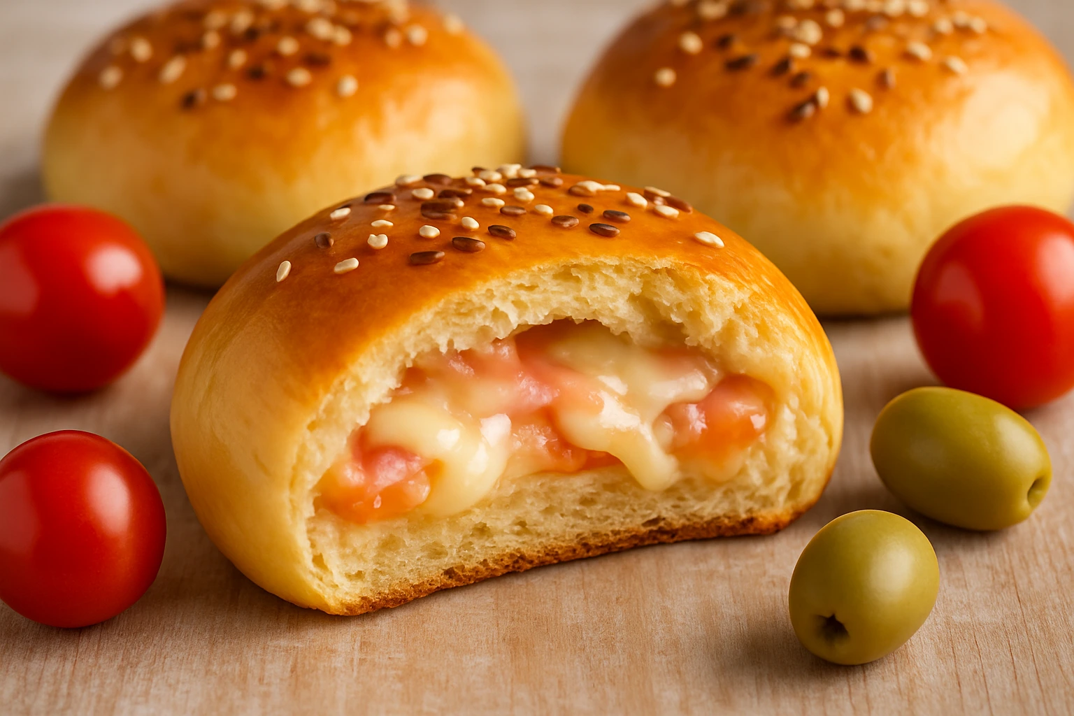 Krupni kadar zlatno pečenih pizza sendviča punjenih šunkom i sirom, s vidljivim sočnim nadjevom, cherry rajčicama i maslinama na drvenoj podlozi.