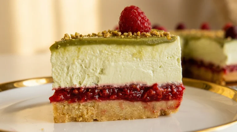Cheesecake s pistacijama i malinama u presjeku, kremasti slojevi pistacija kreme i malina na hrskavoj podlozi